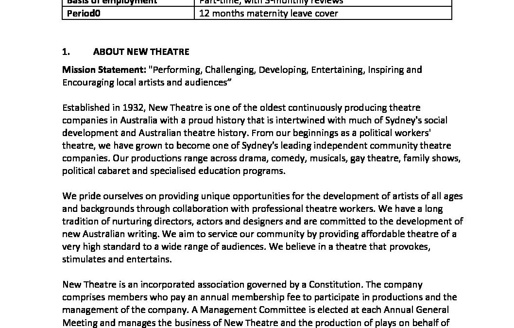 Theatre Manager Position Description New Theatre New Theatre